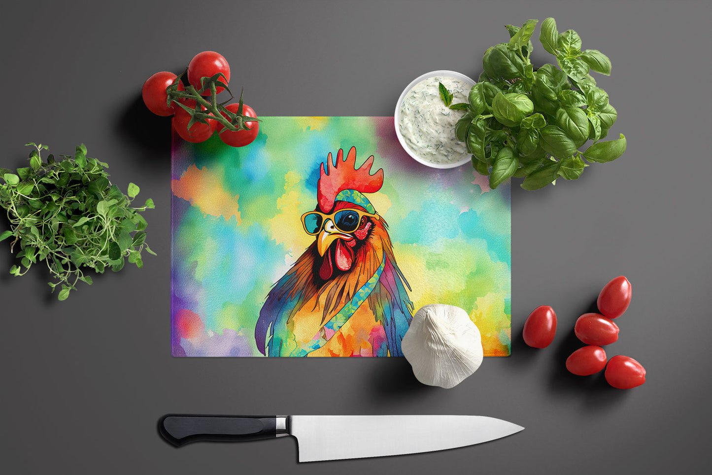 Tabla de Cortar de Cristal | Gallo Hippie - Arte Rural Vibrante Cocina