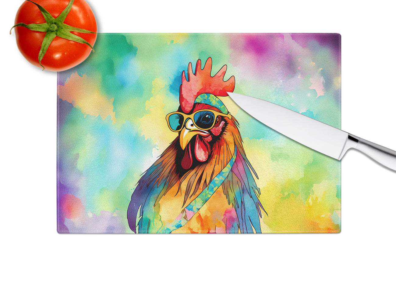 Tabla de Cortar de Cristal | Gallo Hippie - Arte Rural Vibrante Cocina