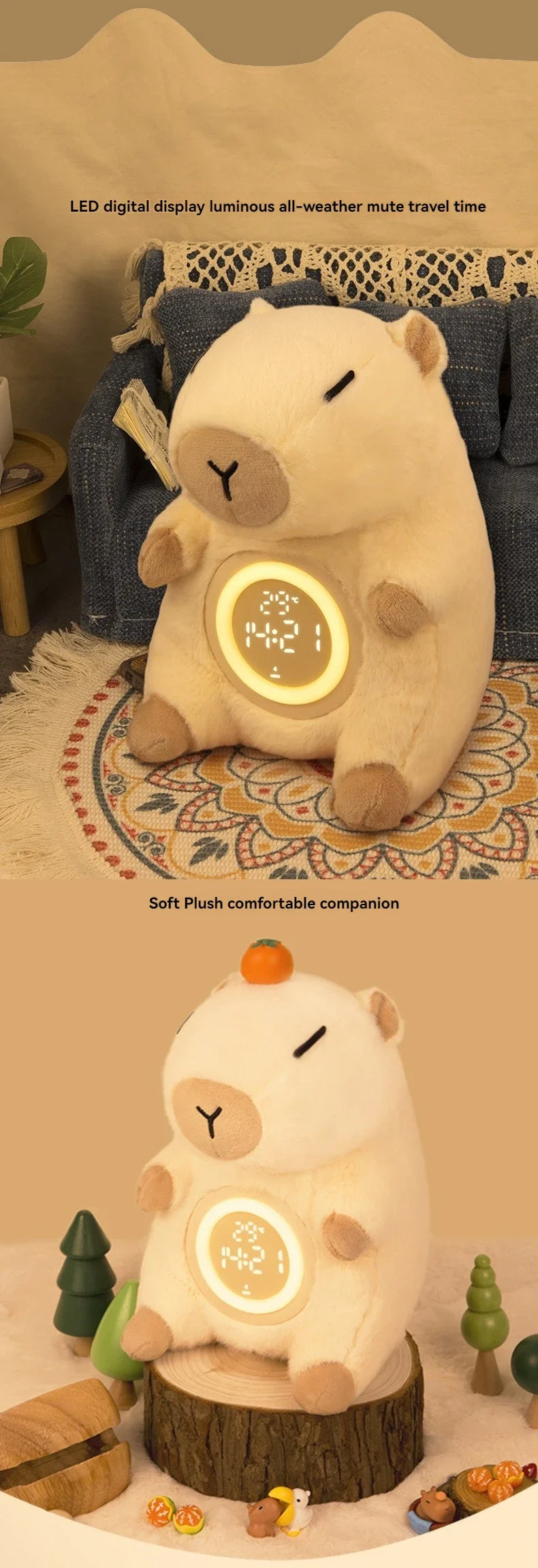 Capibara CozyGlow: Luz, Termómetro y Alarma Todo en Uno