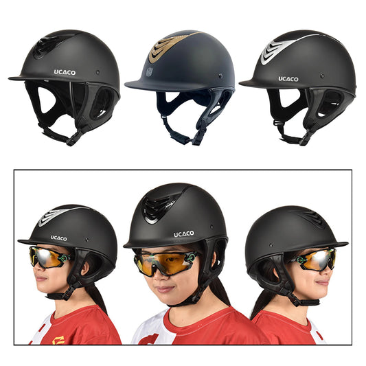 Casco de equitación deportivo dorado y negro para montar a caballo, vista frontal con ventilación
